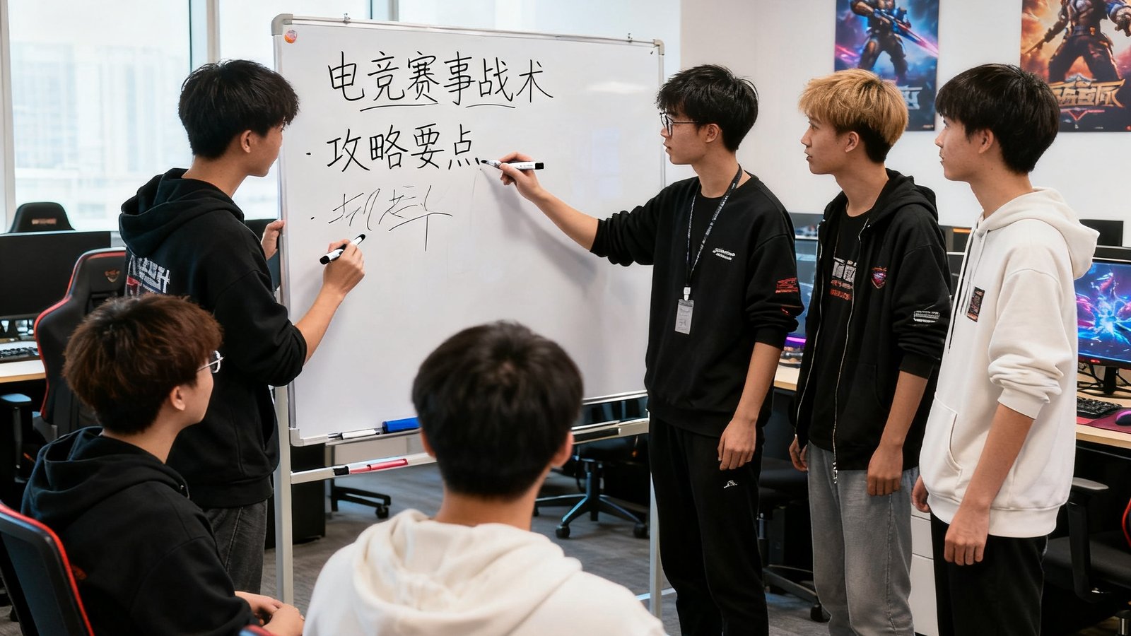 东升国际办公室内，一群年轻游戏爱好者正在白板前讨论电竞赛事战术与攻略