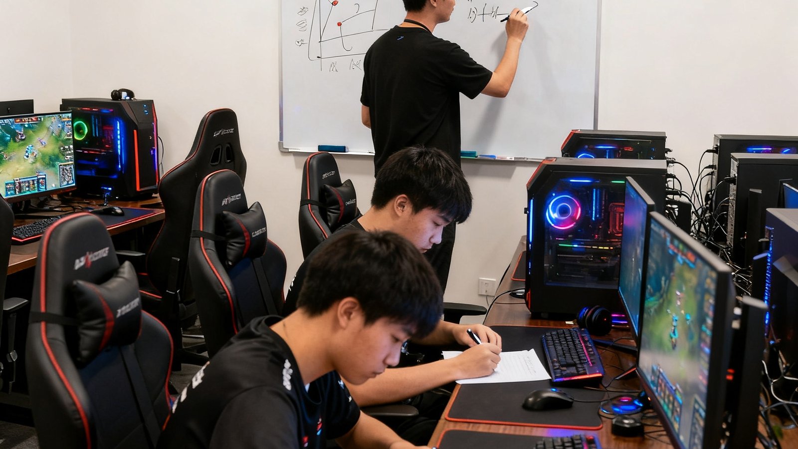 电竞青训营现场，教练正在白板上讲解战术，学员认真记录，周围是电脑设备
