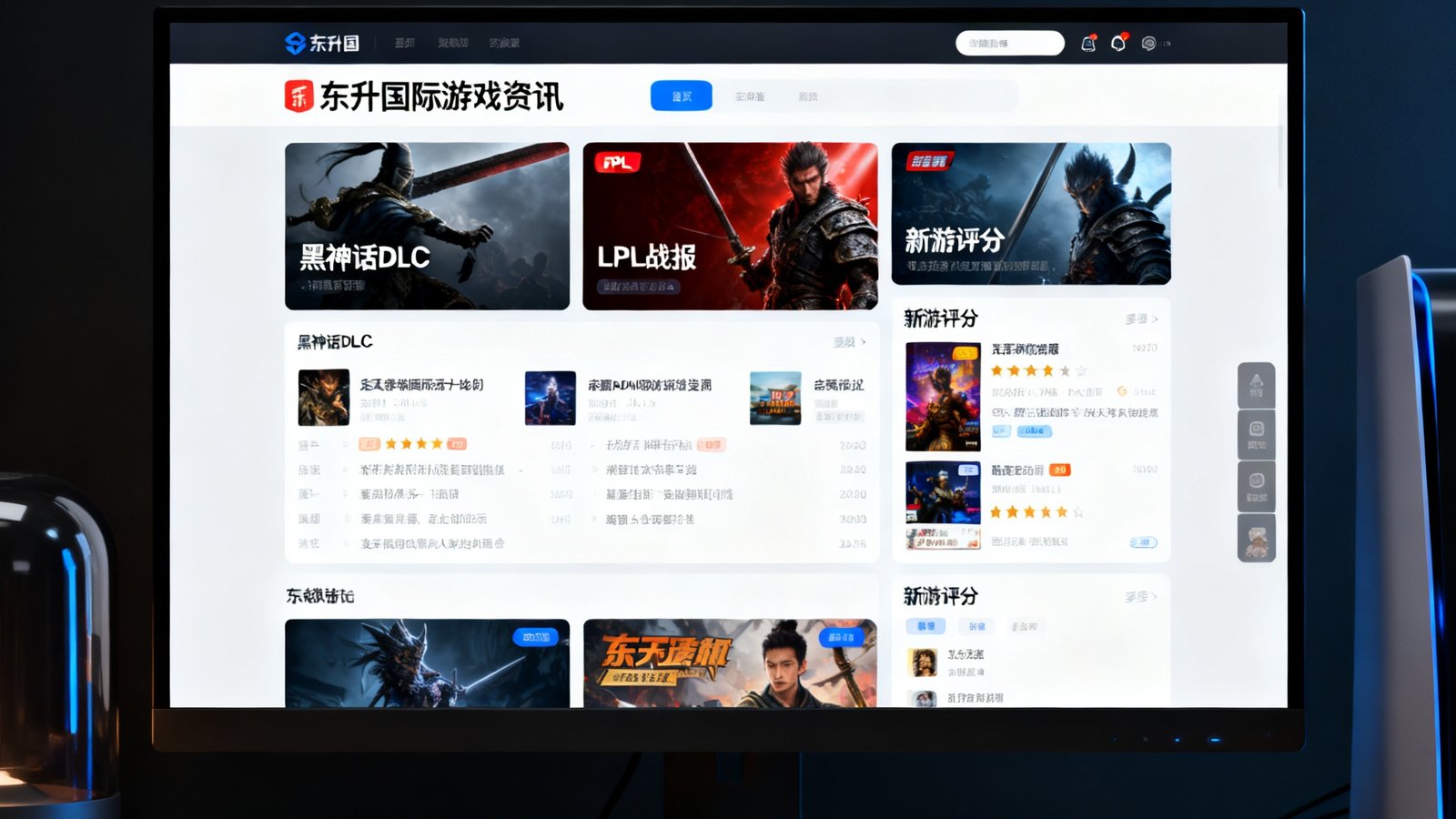 显示器上显示东升国际游戏资讯页面，包含黑神话DLC、LPL战报、新游评分等模块
